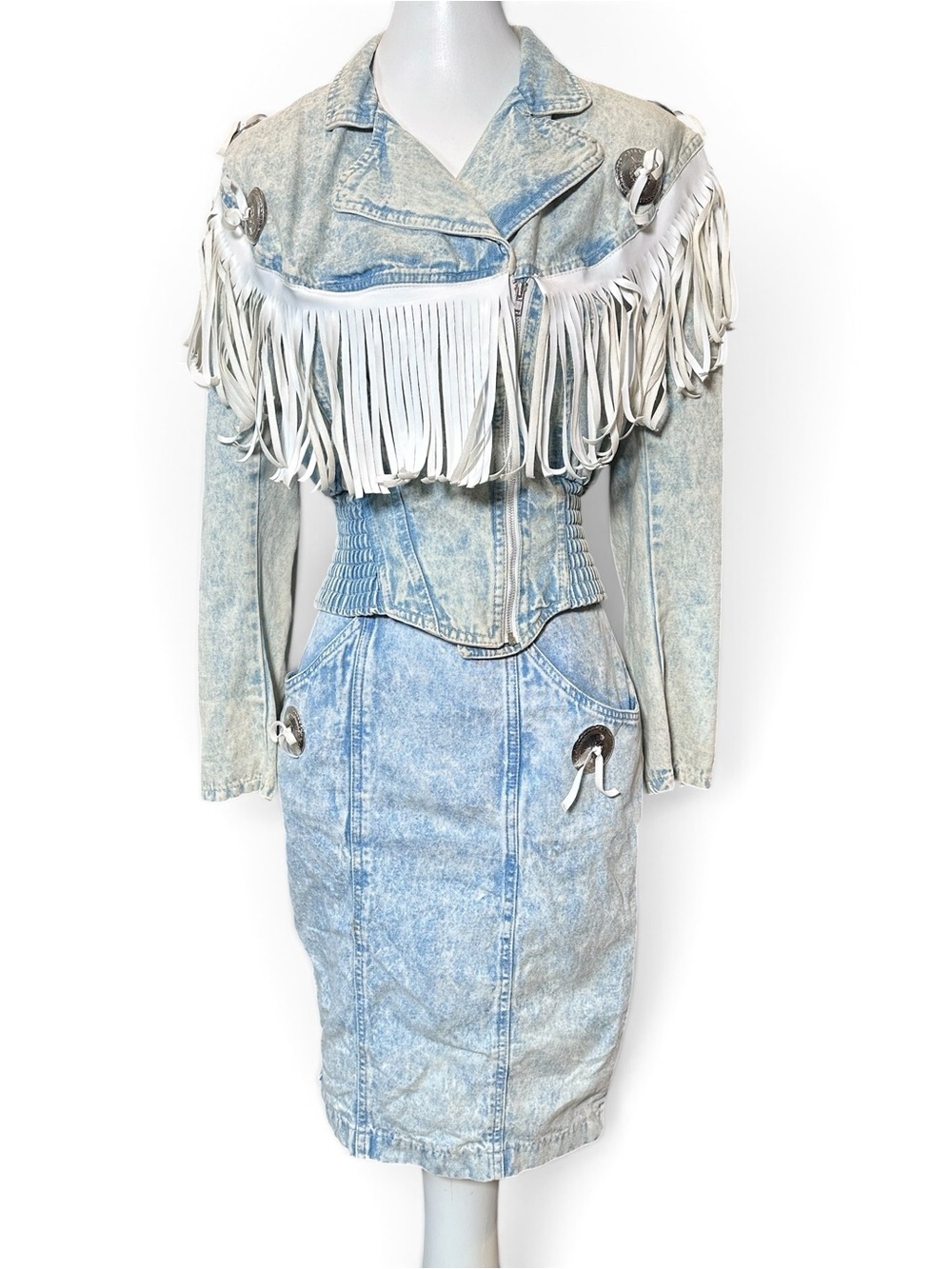 Young Edwardian 2 Piece Western Set Acid Wash Denim Size 3 Vintage Fringe Concho